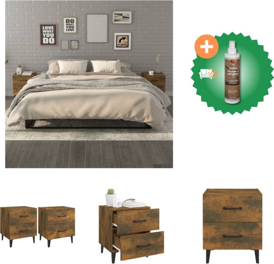 VidaXL Nachtkastjes Gerookt Eiken 40 x 35 x 47.5 cm 2 laden Massief Eucalyptushout Kast Inclusief Houtreiniger en verfrisser - Foto 2