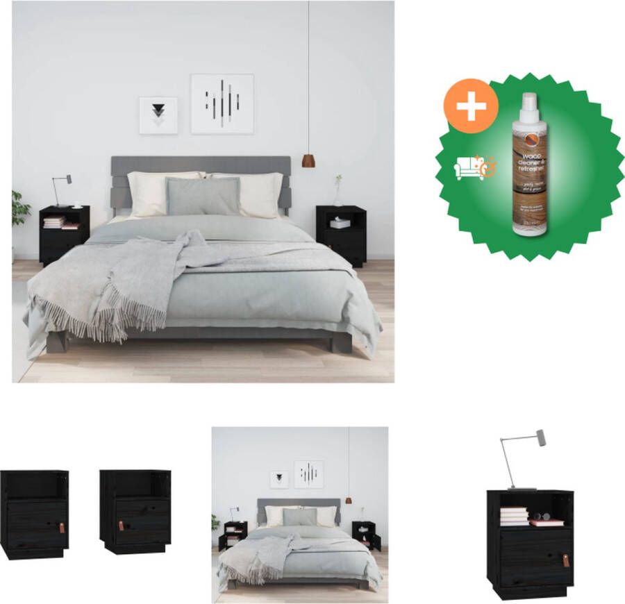 VidaXL Nachtkastjes 2 st 40x34x55 cm massief grenenhout zwart Kast Inclusief Houtreiniger en verfrisser