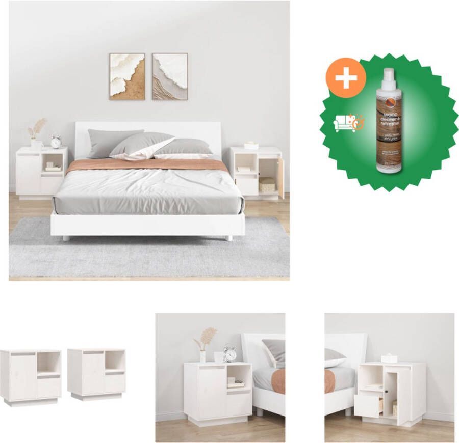 VidaXL Nachtkastjes 2 st 50x34x50 cm massief grenenhout wit Kast Inclusief Houtreiniger en verfrisser