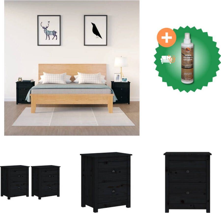 VidaXL Nachtkastjes 2 st 50x35x61-5 cm massief grenenhout zwart Kast Inclusief Houtreiniger en verfrisser