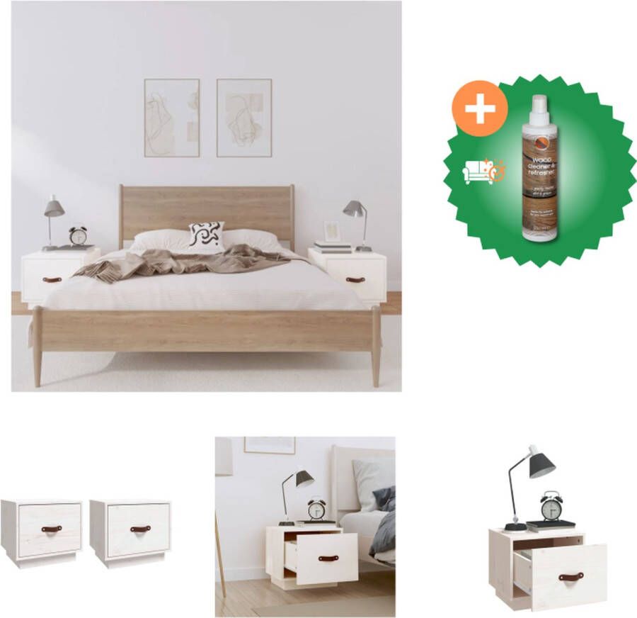 VidaXL Nachtkastjes Grenenhout Wit Set van 2 40x34x35 cm Met lade en kunstleren handgreep Kast Inclusief Houtreiniger en verfrisser