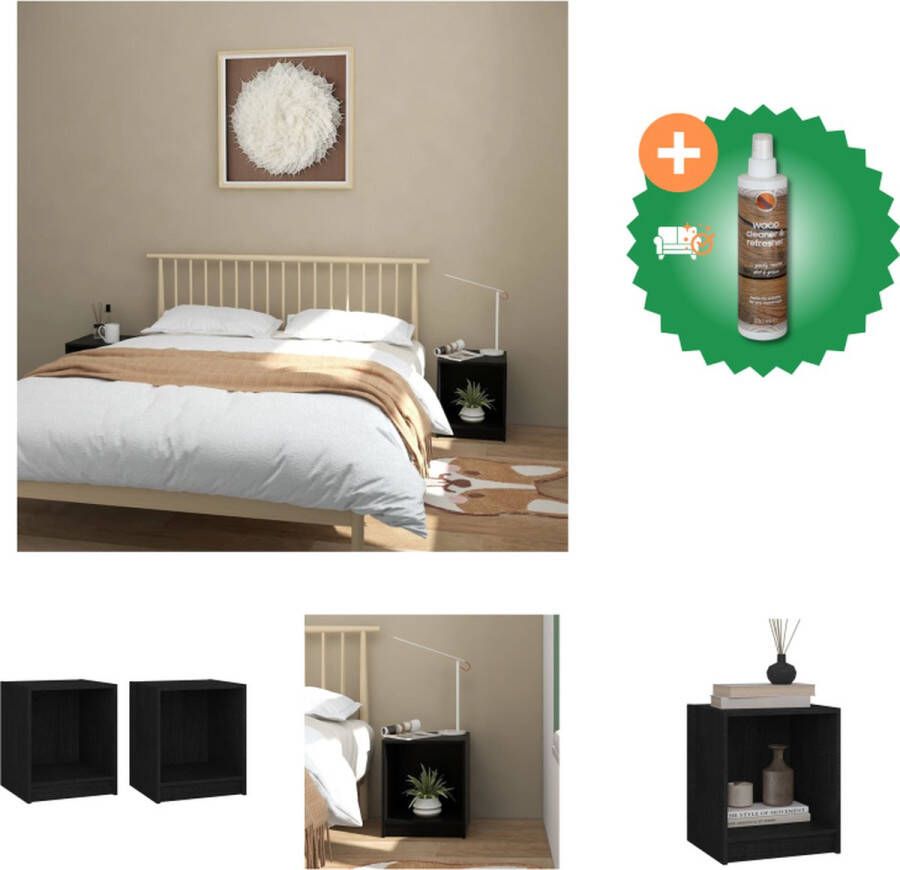 VidaXL Nachtkastjes Grenenhout Zwart 35.5 x 33.5 x 41.5 cm Set van 2 Kast Inclusief Houtreiniger en verfrisser