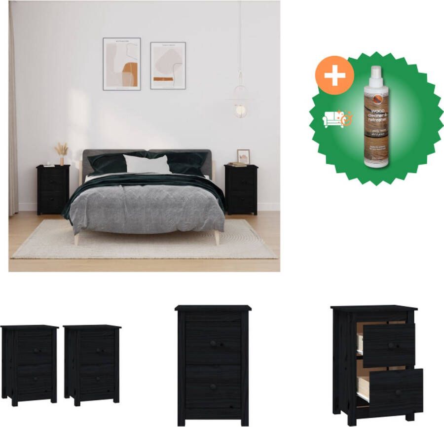 VidaXL Nachtkastjes Grenenhout Zwart Set van 2 40 x 35 x 61.5 cm Kast Inclusief Houtreiniger en verfrisser - Foto 4