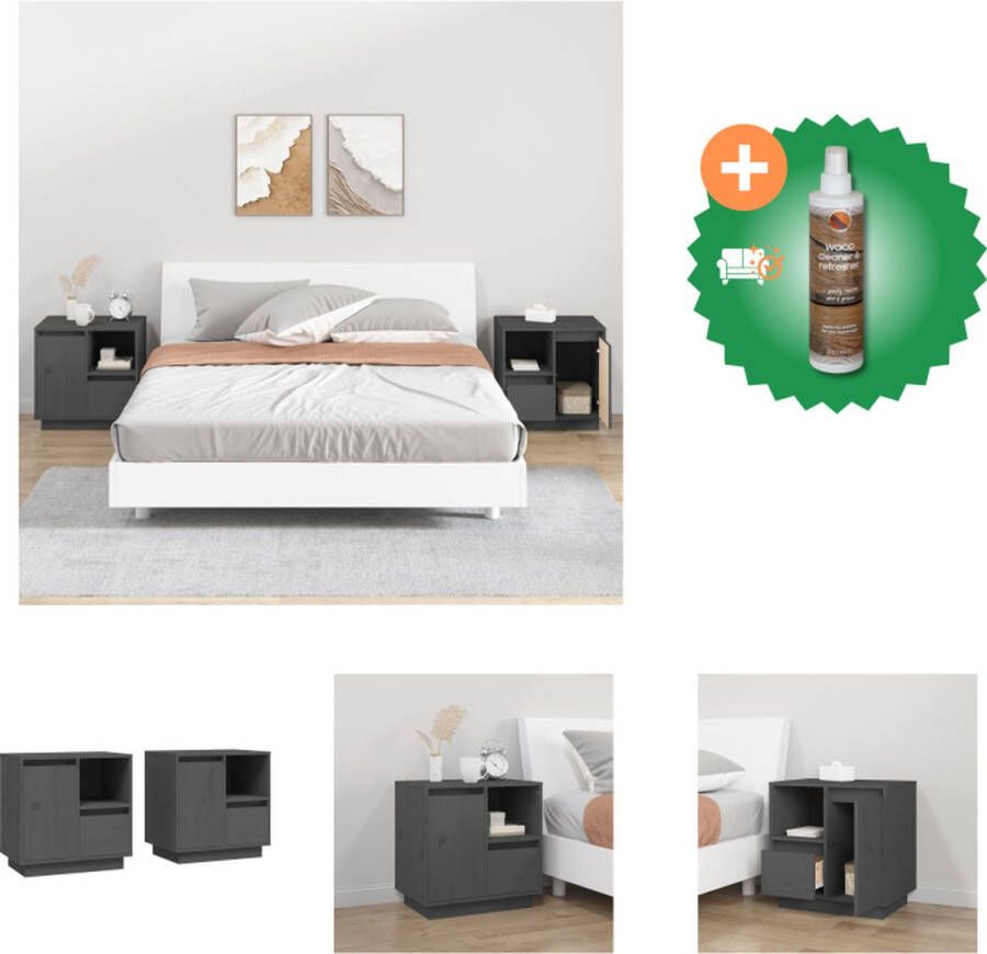VidaXL Nachtkastjes grijs massief grenenhout 50 x 34 x 50 cm set van 2 Kast Inclusief Houtreiniger en verfrisser