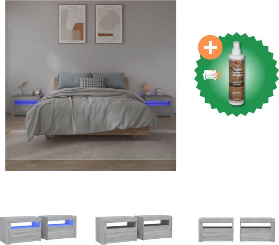 VidaXL Nachtkastjes Grijze Sonoma Eiken 60x35x40cm Praktisch materiaal RGB LED-verlichting Kast Inclusief Houtreiniger en verfrisser