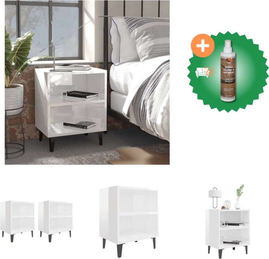 VidaXL Nachtkastjes 2 st met metalen poten 40x30x50 cm hoogglans wit Kast Inclusief Houtreiniger en verfrisser