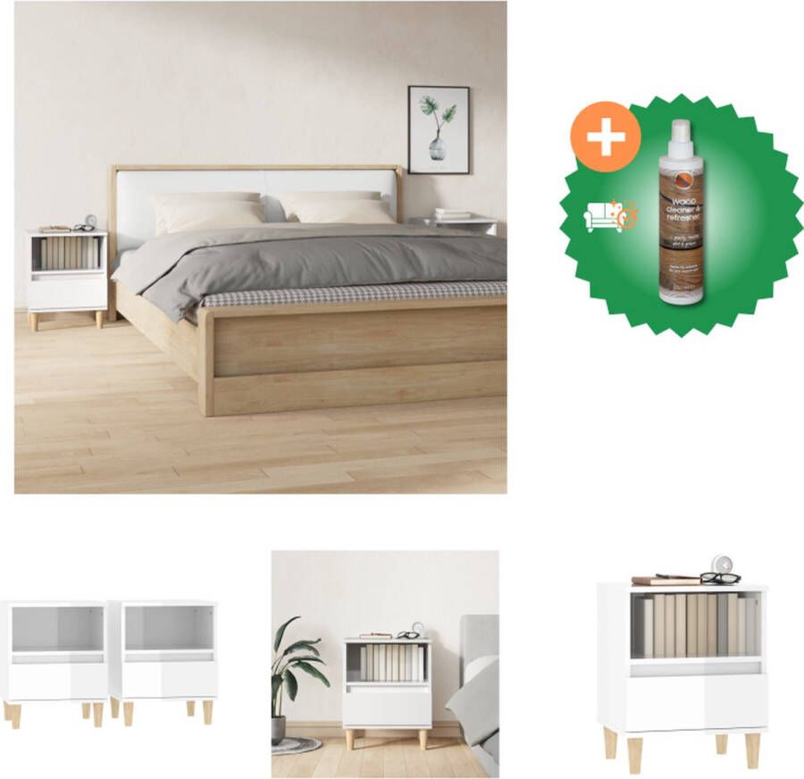 VidaXL Nachtkastjes Hoogglans wit 40 x 35 x 50 cm Bewerkt hout en massief eucalyptushout Kast Inclusief Houtreiniger en verfrisser