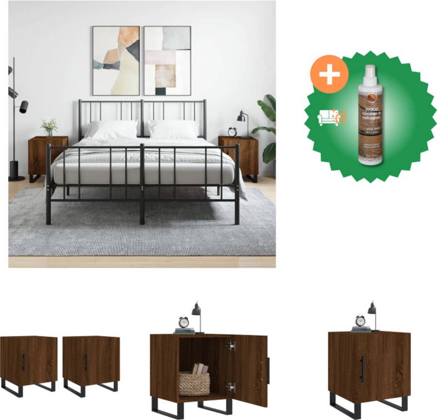 VidaXL Nachtkastjes Bruineiken Set van 2 40 x 40 x 50 cm Duurzaam hout Veel opbergruimte Metalen voeten Kast Inclusief Houtreiniger en verfrisser - Foto 2