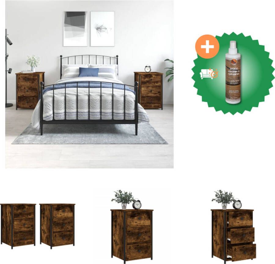 VidaXL Nachtkastjes Industriële look 3 lades Verstelbare poten Gerookt eiken 40 x 36 x 60 cm Kast Inclusief Houtreiniger en verfrisser