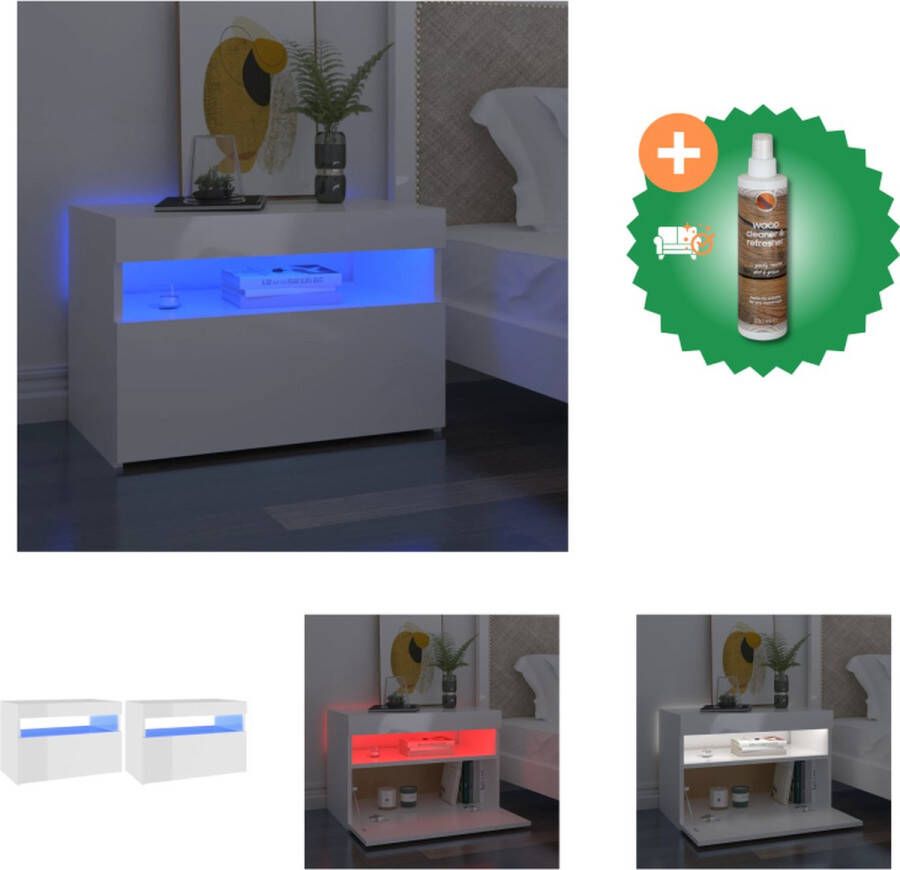 VidaXL Nachtkastjes LED-verlichting Hoogglans wit 60 x 35 x 40 cm RGB Set van 2 Kast Inclusief Houtreiniger en verfrisser