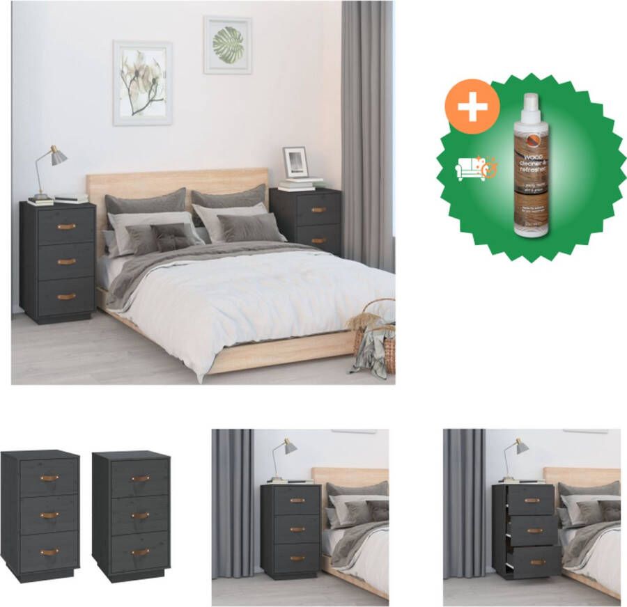 VidaXL Nachtkastjes Massief grenenhout 40 x 40 x 75 cm Grijs Set van 2 Kast Inclusief Houtreiniger en verfrisser