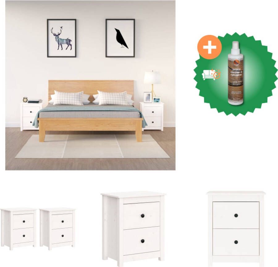 VidaXL Nachtkastjes Massief Grenenhout Set van 2 50x35x61.5 cm Wit Kast Inclusief Houtreiniger en verfrisser