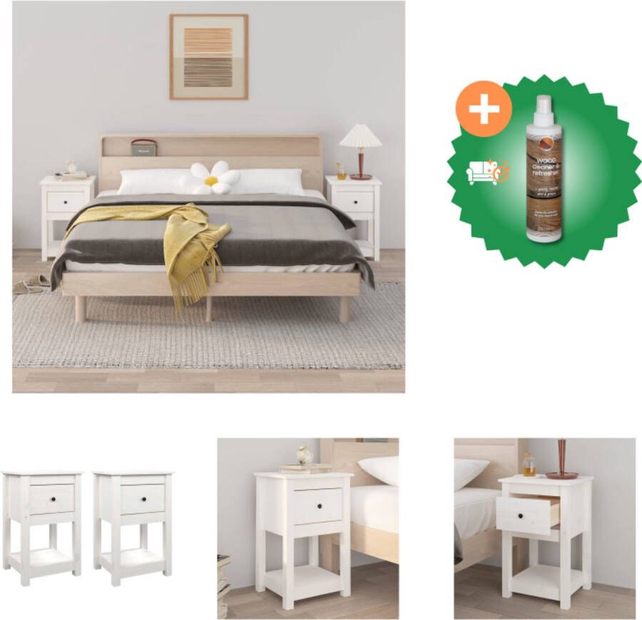 VidaXL Nachtkastjes Massief Grenenhout Wit 40 x 35 x 61.5 cm Set van 2 Kast Inclusief Houtreiniger en verfrisser - Foto 3