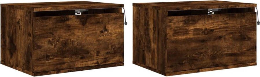 VidaXL Nachtkastjes met LED's Gerookt Eiken Set van 2 Nachtkastjes Wandkasten Led Lampen Slaapkamersdecoratie Bruine Meubels