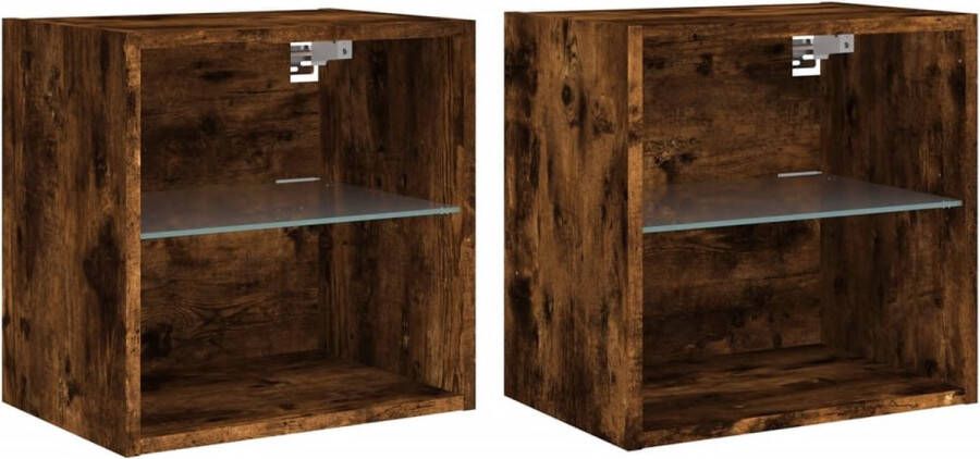 VidaXL Gerookt Eiken Nachtkastjes met LED's 2 stuks Nachtkastjes Led Lampen Houten Meubilair Wandkasten Bedroom Furniture