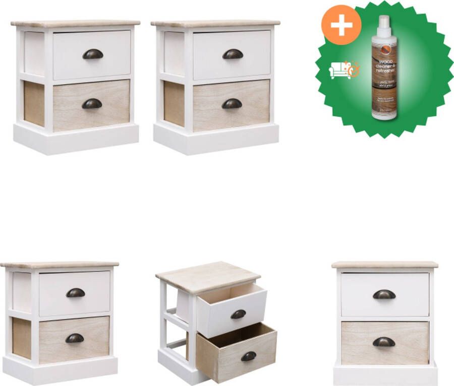VidaXL Nachtkastjes 2 st 38x28x45 cm paulowniahout wit en naturel Kast Inclusief Houtreiniger en verfrisser