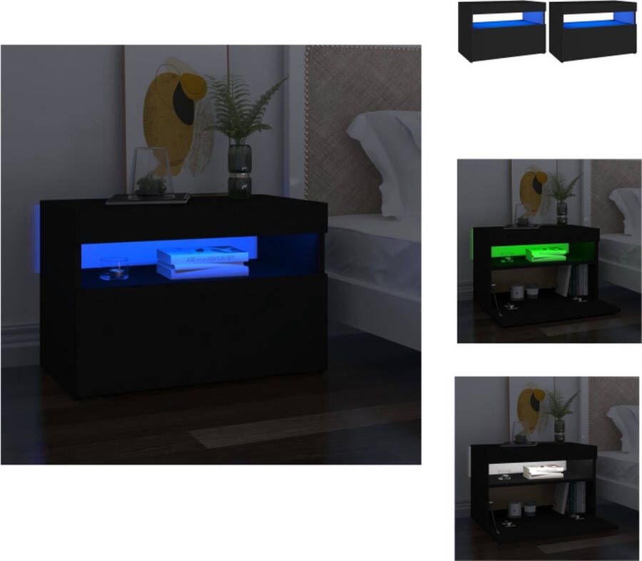 VidaXL Nachtkastje Nachtkastjes Houten Nachtkastje Houten Nachtkastjes Nachtkastje 2 st LED-verlichting 60x35x40 cm bewerkt hout zwart - Foto 2