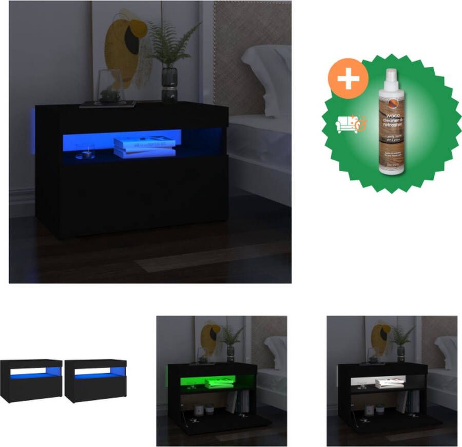 VidaXL Nachtkastje 2 st LED-verlichting 60x35x40 cm bewerkt hout zwart Kast Inclusief Houtreiniger en verfrisser