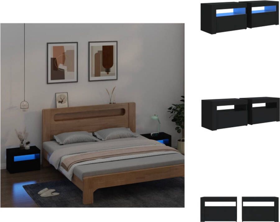 VidaXL Nachtkastje Nachtkastjes Houten Nachtkastje Slaapkamerkast Nachtkastjes 2 st met LED-verlichting 60x35x40 cm zwart - Foto 2