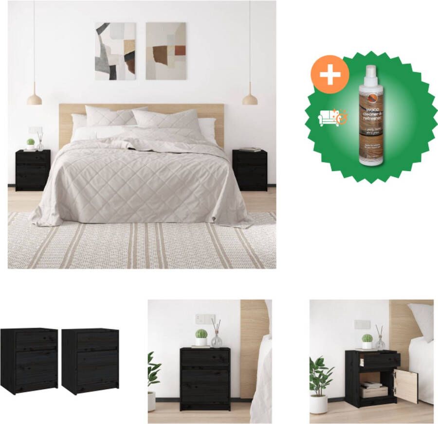 VidaXL Nachtkastjes Zwarte Massief Grenenhouten Nachtkastjes Set van 2 40 x 31 x 50 cm Montage vereist Kast Inclusief Houtreiniger en verfrisser