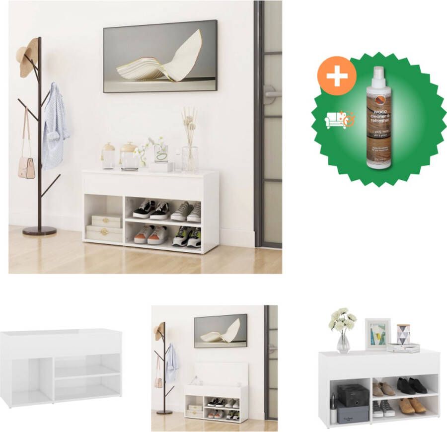 VidaXL Opbergbank 80x30x45 cm Hoogglans wit Schoenenkast met 2 schappen en bak Schoenenkast Inclusief Houtreiniger en verfrisser