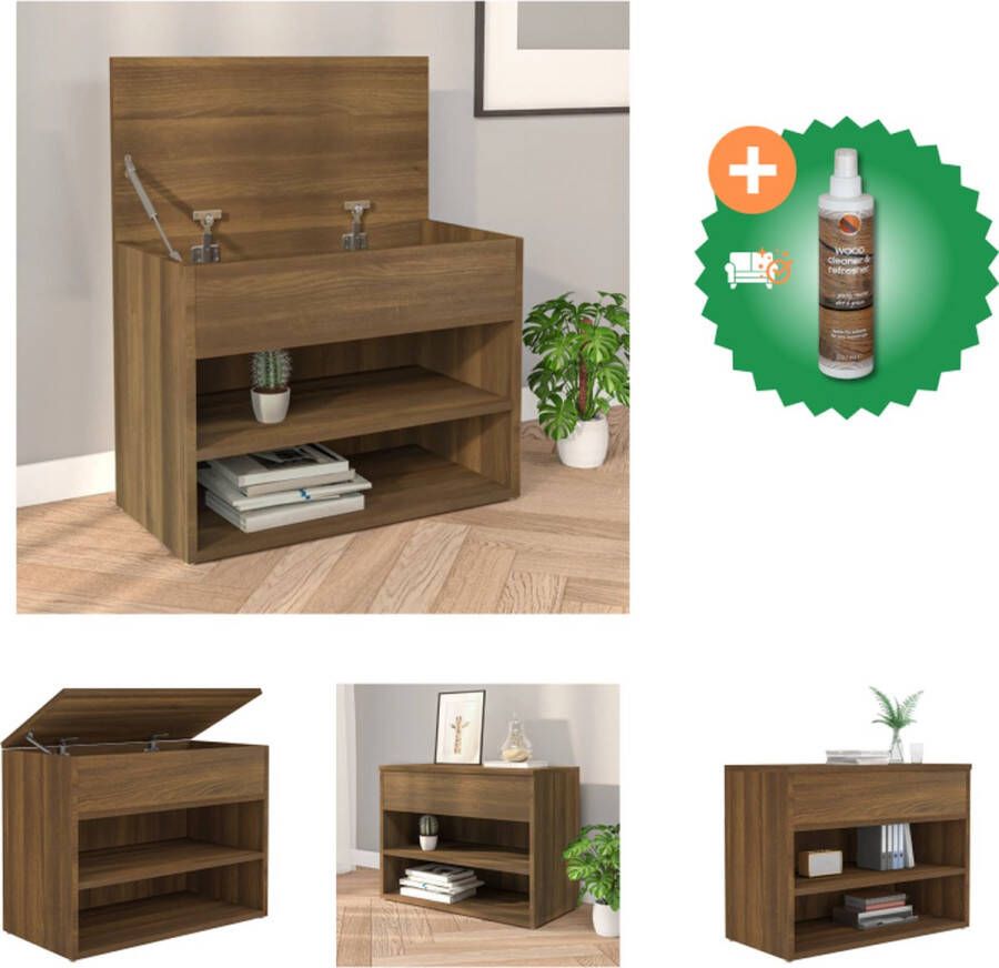 VidaXL Opbergbank Bruineiken Schoenenrek met 2 schappen en kist 60 x 30 x 45 cm Bewerkt hout Schoenenkast Inclusief Houtreiniger en verfrisser
