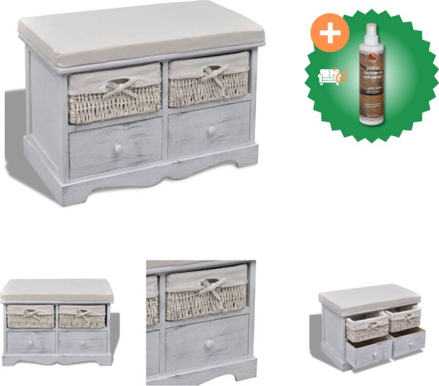 VidaXL Opbergbank Houten 62 x 33 x 42 cm 2 Weefmanden en 2 Lades Wit Hocker Inclusief Houtreiniger en verfrisser