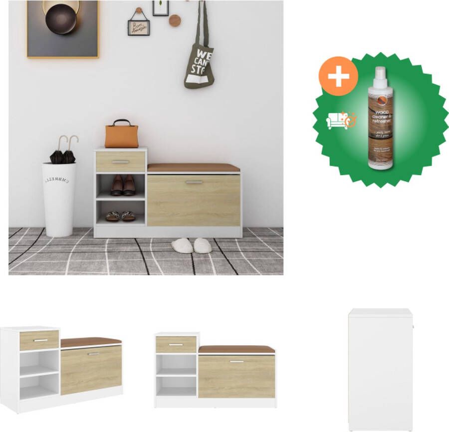 VidaXL Schoenenbank 94-5x31x57 cm spaanplaat wit sonoma eikenkleurig Schoenenkast Inclusief Houtreiniger en verfrisser