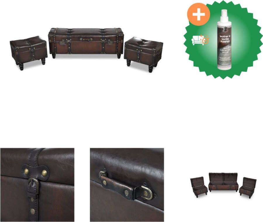 VidaXL Opbergbankenset Lange opbergbank en 2 hockers Donkerbruine afwerking Massief houten frame Hoogwaardig kunstleer Handvatten en gespen Bruin 112 x 36 x 42.5 cm 43 x 31 x 37 cm 110 kg Hocker Inclusief Reiniger
