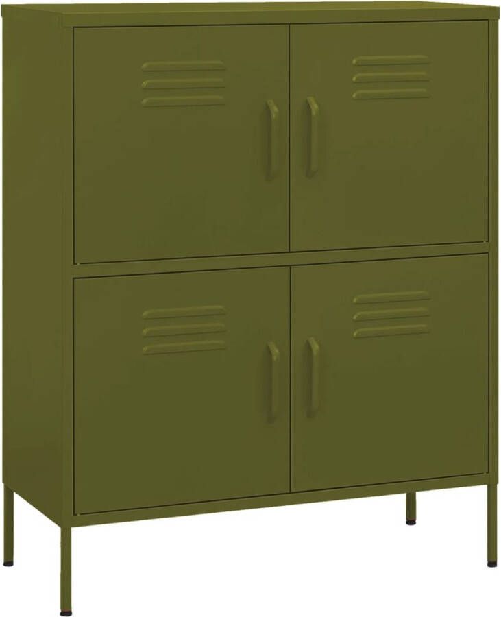 The Living Store Opbergkast Stalen kast Olijfgroen 80 x 35 x 101.5 cm Met 4 deuren Opslagkast Metalen Kast Groene Kast Industrieel Meubilair Olijfgroene Kast - Foto 2