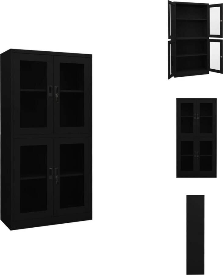 VidaXL Opbergkast Staal 90 x 40 x 180 cm 4 deuren Verstelbare schappen Gehard glas Zwart Kast