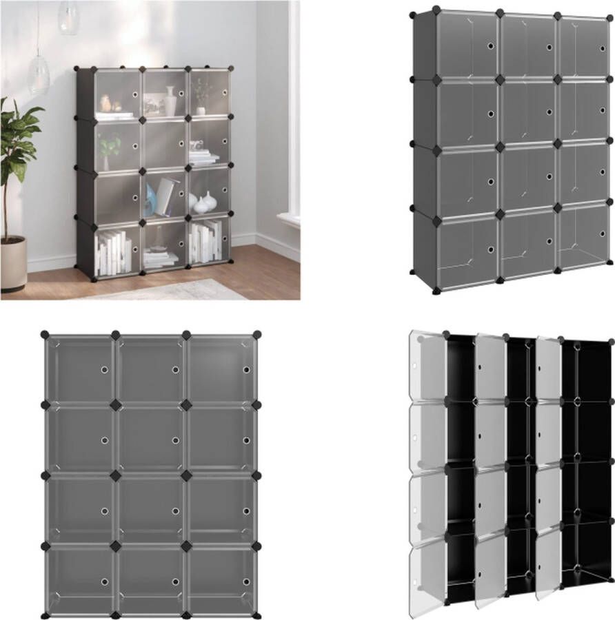 VidaXL Opbergmeubel met 12 vakken en deuren polypropeen zwart Opbergmeubel Opbergmeubelen Opberger Opbergkast