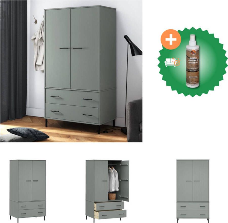 VidaXL OSLO Houten Kledingkast 90 x 55 x 172.5 cm Massief Grenenhout Grijs 2 Lades Kast Inclusief Houtreiniger en verfrisser