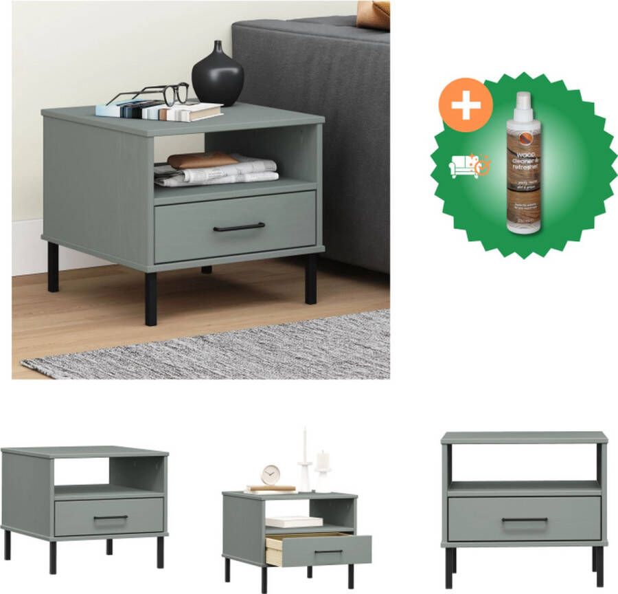 VidaXL Nachtkastje met metalen poten OSLO massief grenenhout grijs Tafel Inclusief Houtreiniger en verfrisser