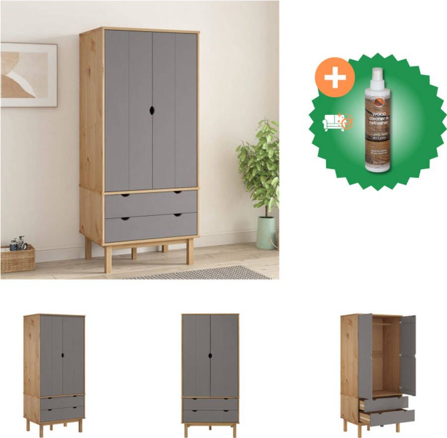 VidaXL OTTA Houten Kledingkast 76.5 x 53 x 172 cm Massief grenenhout Bruin en grijs Kast Inclusief Houtreiniger en verfrisser