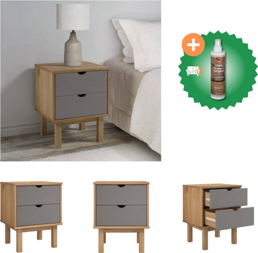 VidaXL OTTA Nachtkastje Massief Grenenhout Bruin en Grijs 46x39.5x57cm 2 lades Kast Inclusief Houtreiniger en verfrisser