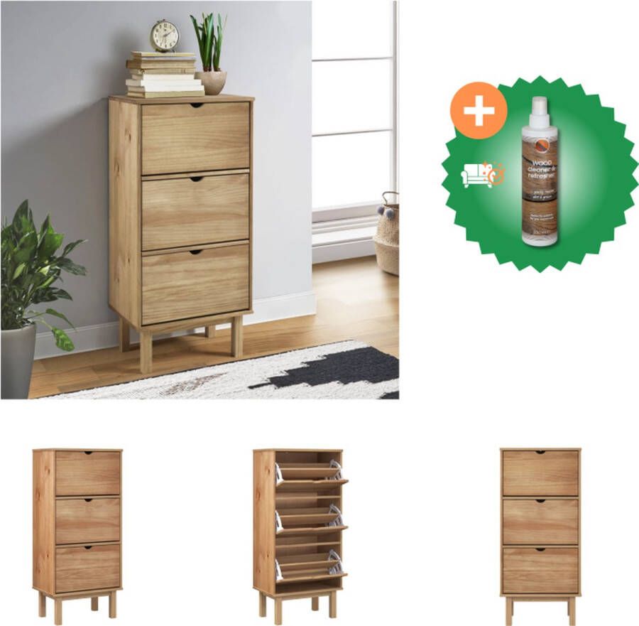 VidaXL OTTA Schoenenkast 55 x 35 x 120 cm Massief grenenhout 3 kieplades Schoenenkast Inclusief Houtreiniger en verfrisser