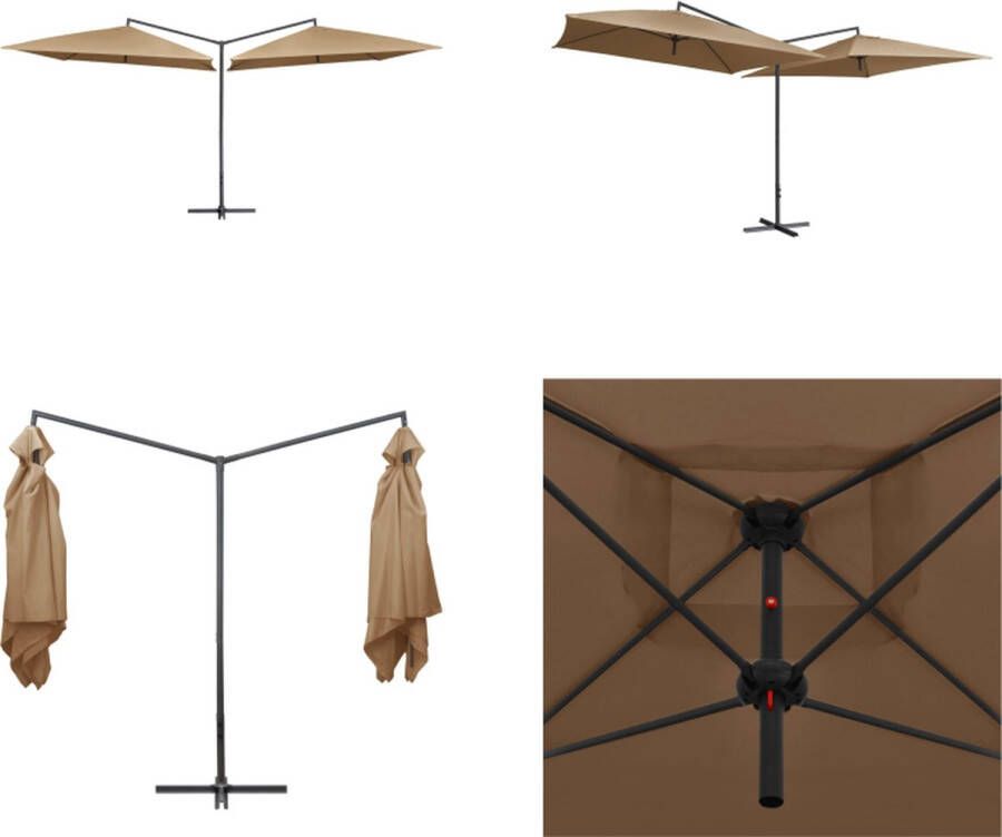 VidaXL Parasol dubbel met stalen paal 250x250 cm taupe Dubbele Parasol Tuinset Buitenleven Tuinmeubilair Zonwering Terrasdecoratie Zomer Parasol Parasols Dubbele Parasol Dubbele Parasols