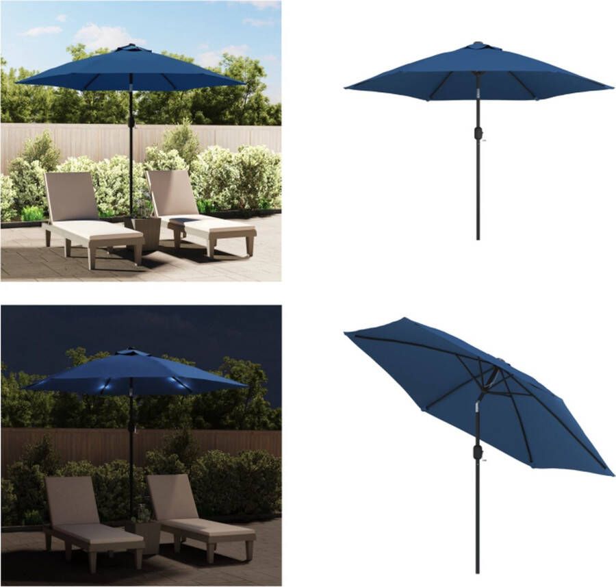 VidaXL Parasol met LED-verlichting en stalen paal 300 cm blauw Zonwering Parasol Buitendecoratie Tuinset Tuinaccessoires Led Verlichting Uv Bescherming Patio Set Parasol Parasols Tuinparasol Tuinparasols
