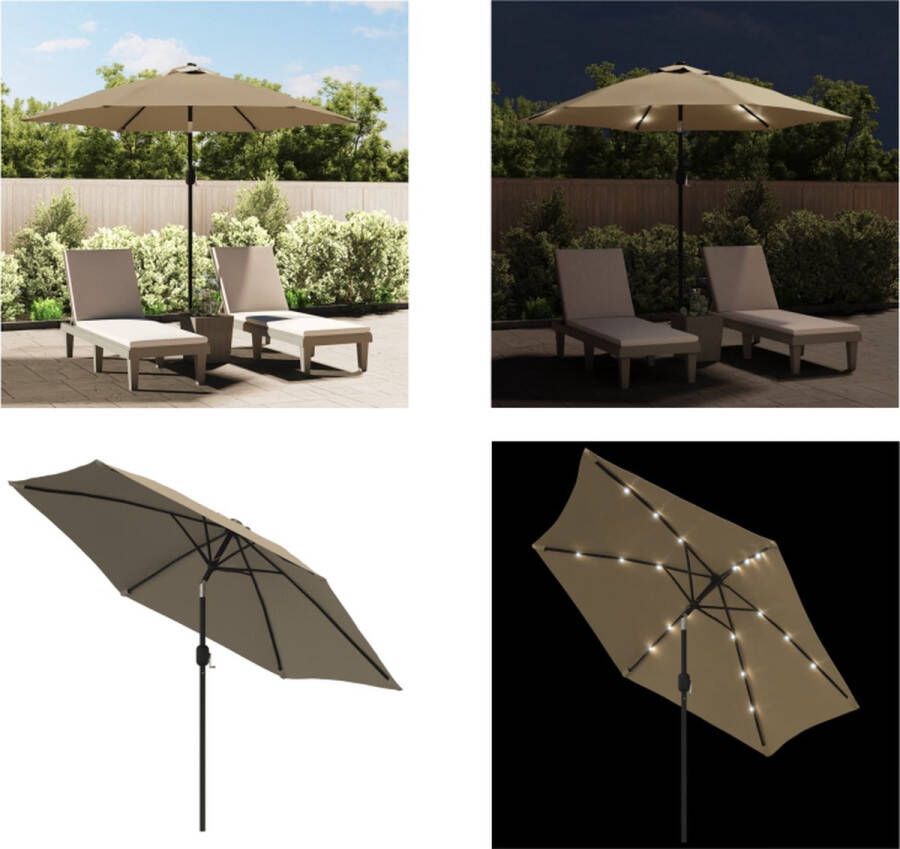 VidaXL Parasol met LED-verlichting en stalen paal 300 cm taupe Tuinparasol Parasol Led Parasol Zonwering Buitendecoratie Terrasdecoratie Tuindeco Parasol Parasols Tuinparasol Tuinparasols