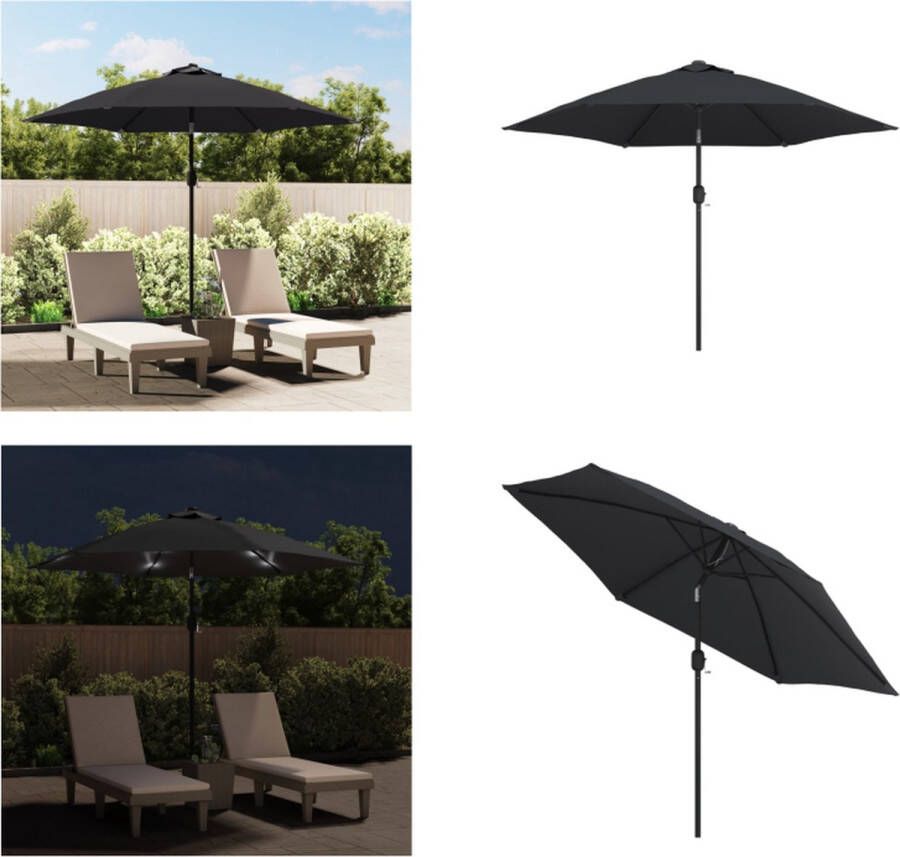 VidaXL Parasol met LED-verlichting en stalen paal 300 cm zwart Zonnescherm Parasol Led Verlichting Buitendecoratie Tuindeco Terrasdecoratie Tuinaccessoires Uv Bescherming Parasol Parasols Tuinparasol Tuinparasols