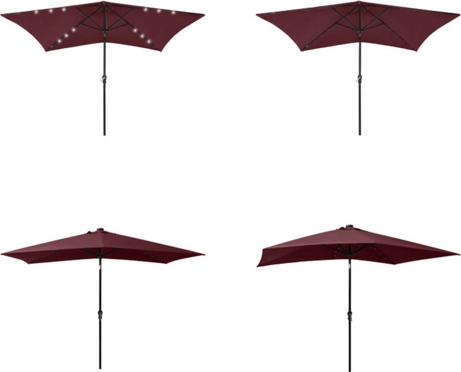 VidaXL Parasol met LED's en stalen paal 2x3 m bordeauxrood Zonnescherm Parasol Tuinset Buitendecoratie Veranda Terrasdecoratie Rood Parasol Parasols Tuinparasol Zonnescherm
