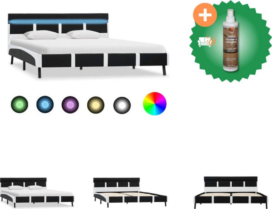 VidaXL Platformbed 210 x 145 x 68 cm LED-lichtstrip Kunstleer Wit Zwart Bed Inclusief Houtreiniger en verfrisser