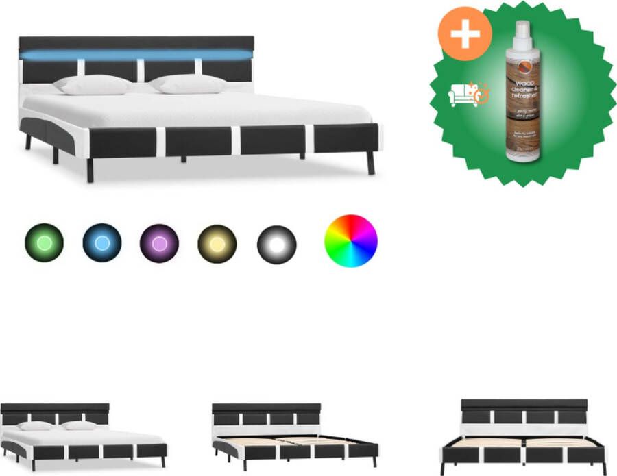 VidaXL Platformbed MDF 210 x 145 x 68 cm Kunstleren bekleding LED-strip Wit grijs Bed Inclusief Houtreiniger en verfrisser