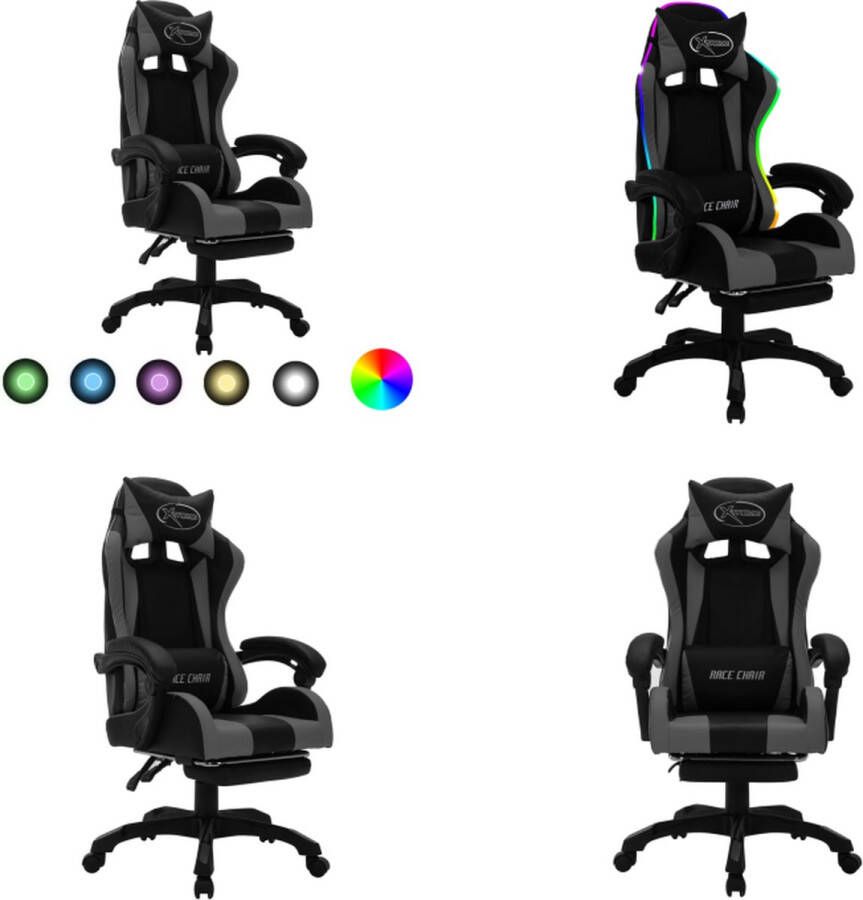VidaXL Racestoel met RGB LED-verlichting kunstleer grijs en zwart Kantoorstoel Kantoorstoelen Kantoor Stoel Kantoor Stoelen