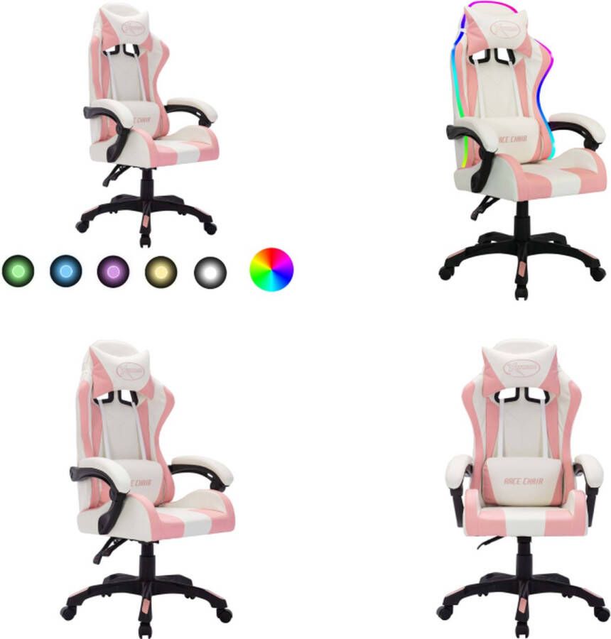 VidaXL Racestoel met RGB LED-verlichting kunstleer roze en zwart Kantoorstoel Kantoorstoelen Kantoor Stoel Kantoor Stoelen
