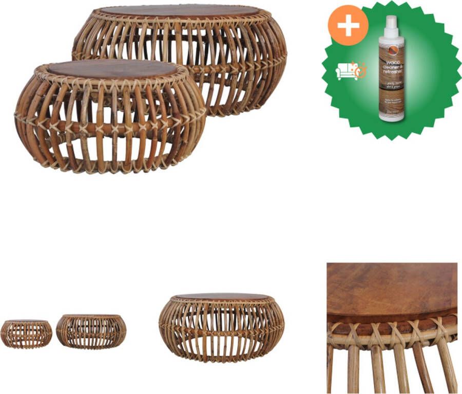 VidaXL Rattan Salontafel Set van 2 Bruin Natuurlijk rattan Massief teakhouten blad 70 x 30 cm (L) 50 x 24 cm (S) Tafel Inclusief Houtreiniger en verfrisser