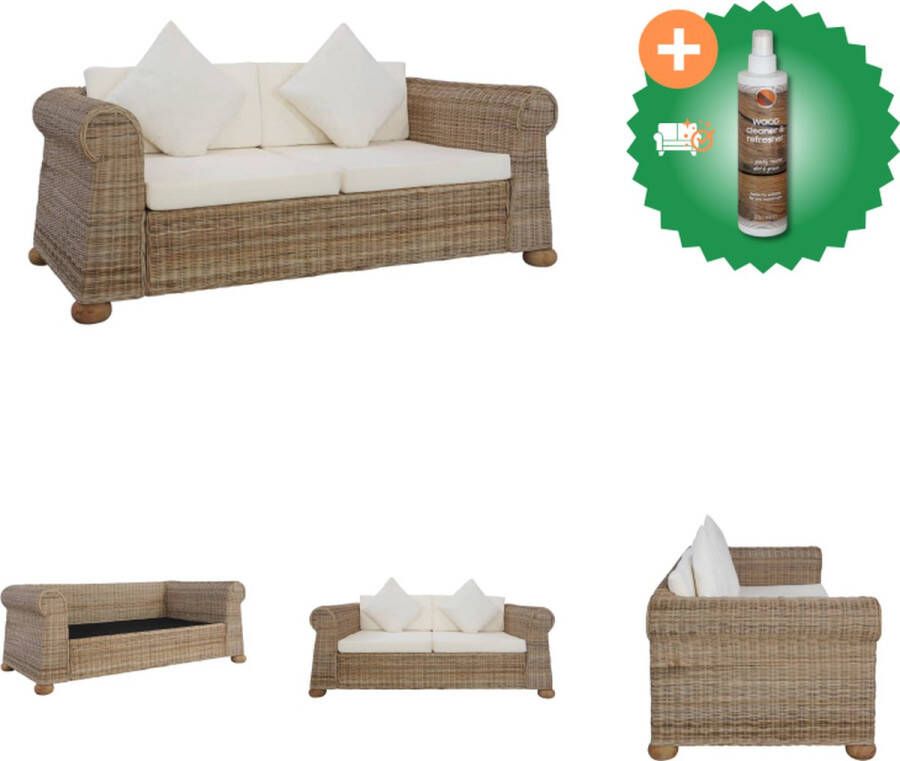 VidaXL Rattan Sofa Natuurlijk Fitrit Rattan 155 x 78 x 67 cm Crèmewit Linnen Kussens Bank Inclusief Houtreiniger en verfrisser
