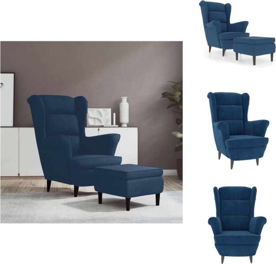 VidaXL Relaxstoel Velvet Blauw Armstoel 81x90x96.5cm + Voetenbank 55x54.5x42cm Multiplex Rubberwood Fauteuil