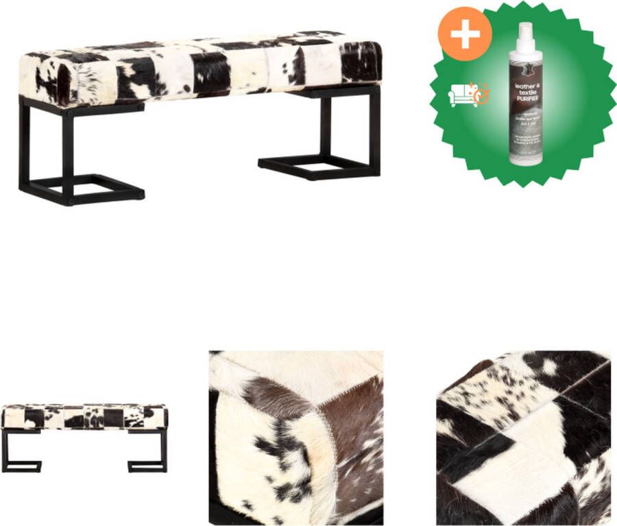 VidaXL Retro Bank Geitenleer 110 x 30 x 40 cm Zwart Wit Patchwork Stalen Poten Hocker Inclusief Reiniger